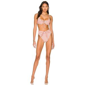 Montce Swim Paula Tie Up Bikini Bottom in Shrimp Gingham Pink